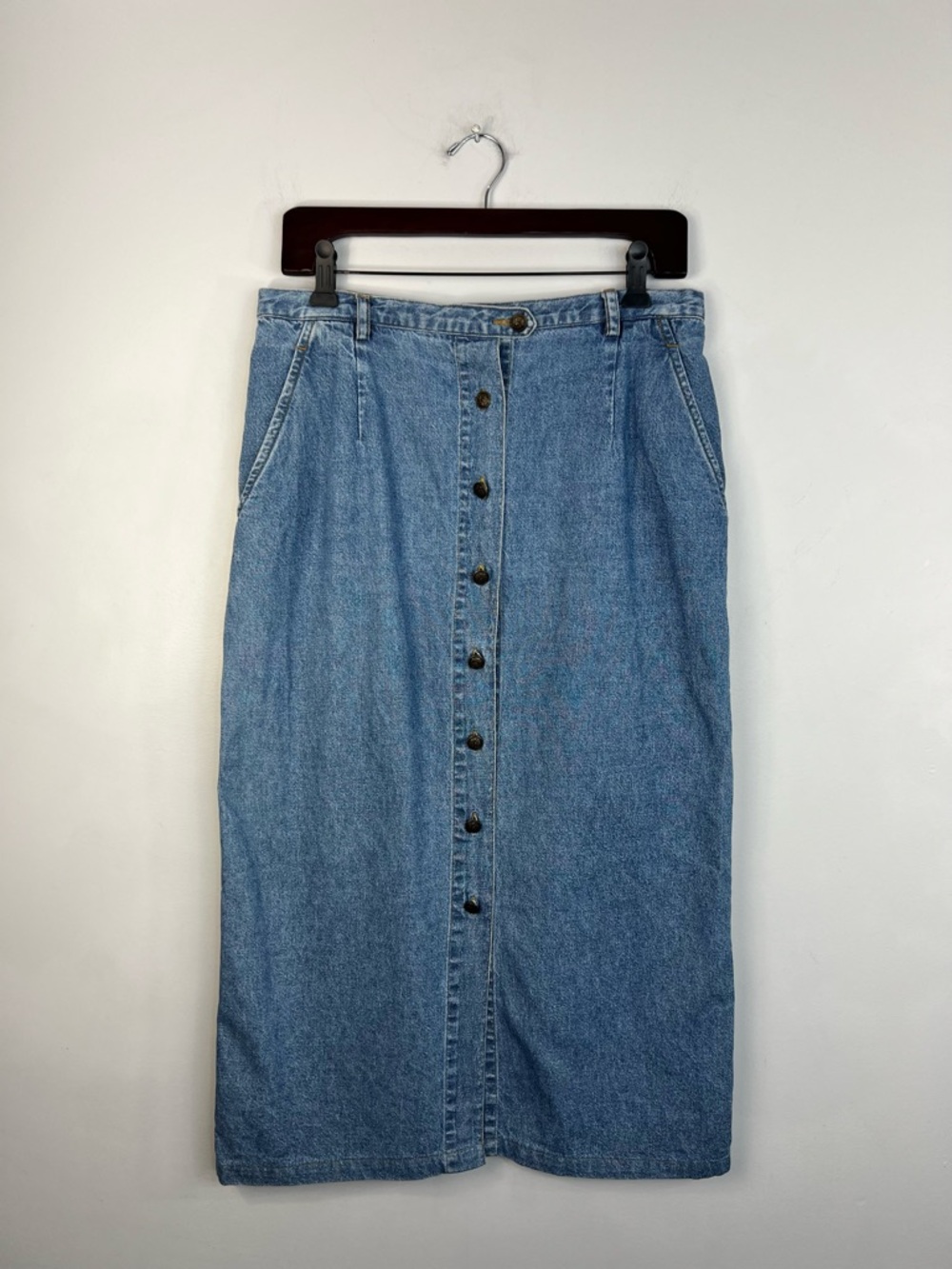 Vintage 90s cotton denim button front minimalist straight jean midi skirt 10 - Picture 3 of 12